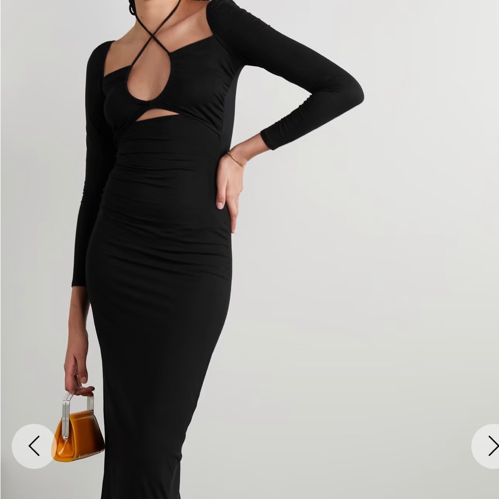 Reformation Alexei Black Knit Long Sleeve Tie Neck Midi Dress Size: L